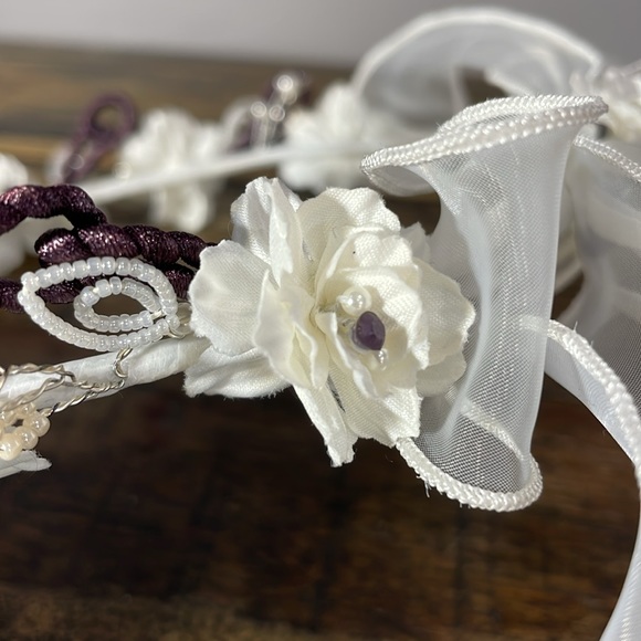 Flower girl crown halo with pretty flowers, pearls and beads - Picture 9 of 13